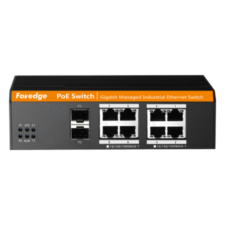 سويتش فوردج IS108GPS-2F الصناعي المُدار — 8 منافذ جيجابت PoE + منفذا SFP